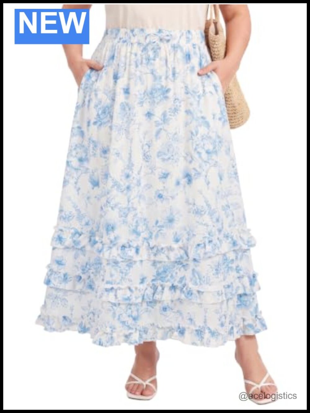 Plus Size Floral Maxi Skirt with Pockets High Waist Tiered Ruffle Boho